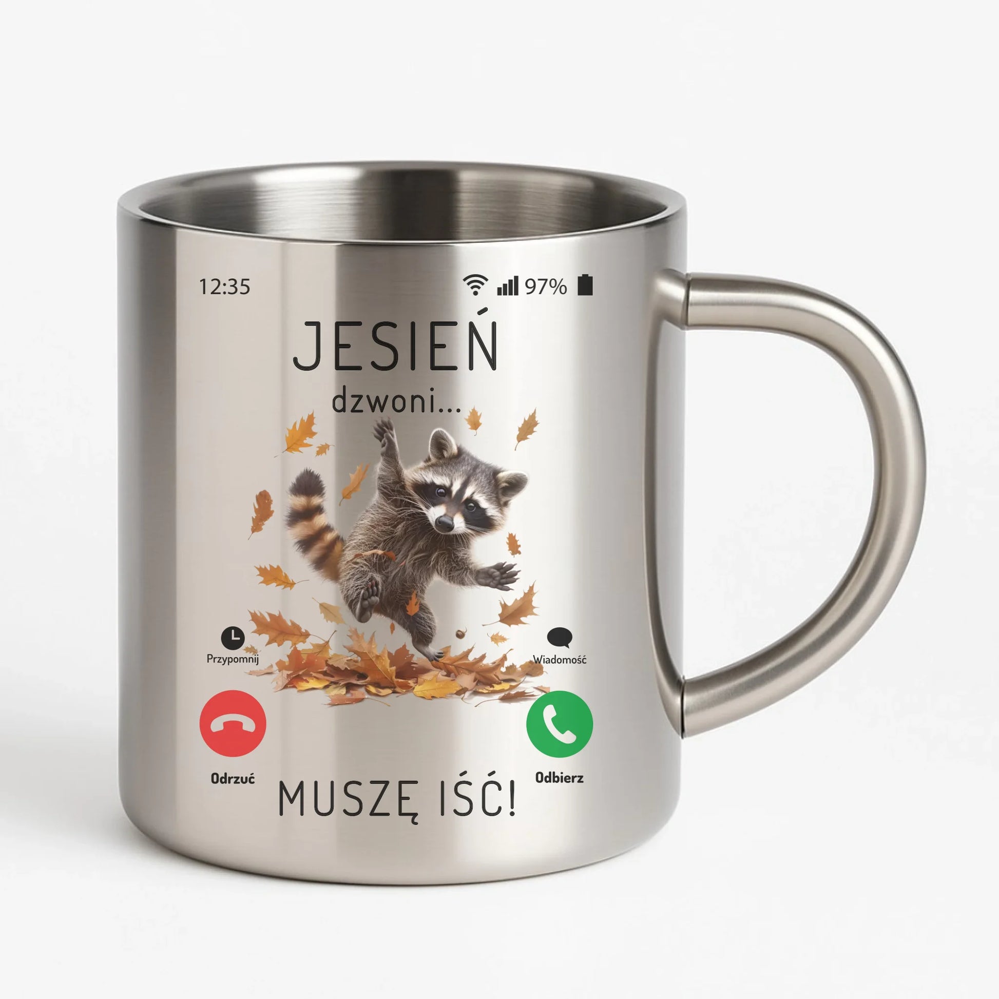 Kubek metalowy jesienny - Jesień dzwoni muszę iść JS18 - StoryCups.pl
