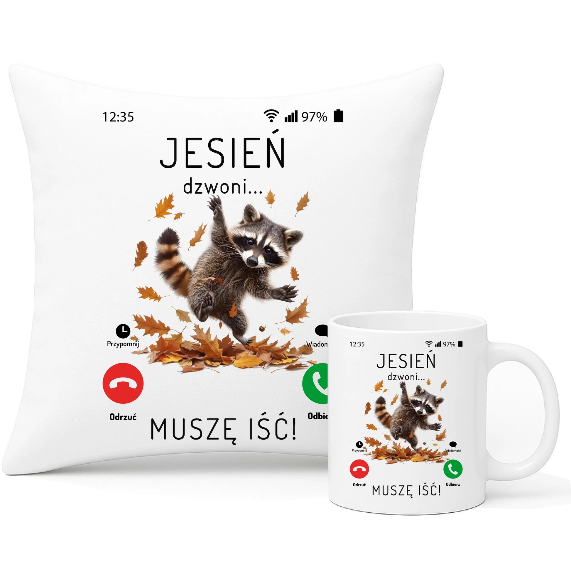 Zestaw poduszka i kubek jesienny - Jesień dzwoni muszę iść JS18 - StoryCups.pl