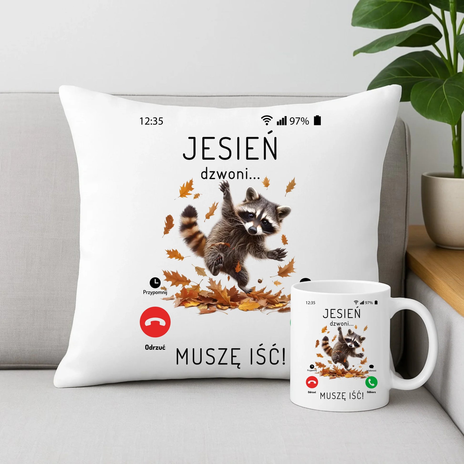 Zestaw poduszka i kubek jesienny - Jesień dzwoni muszę iść JS18 - StoryCups.pl