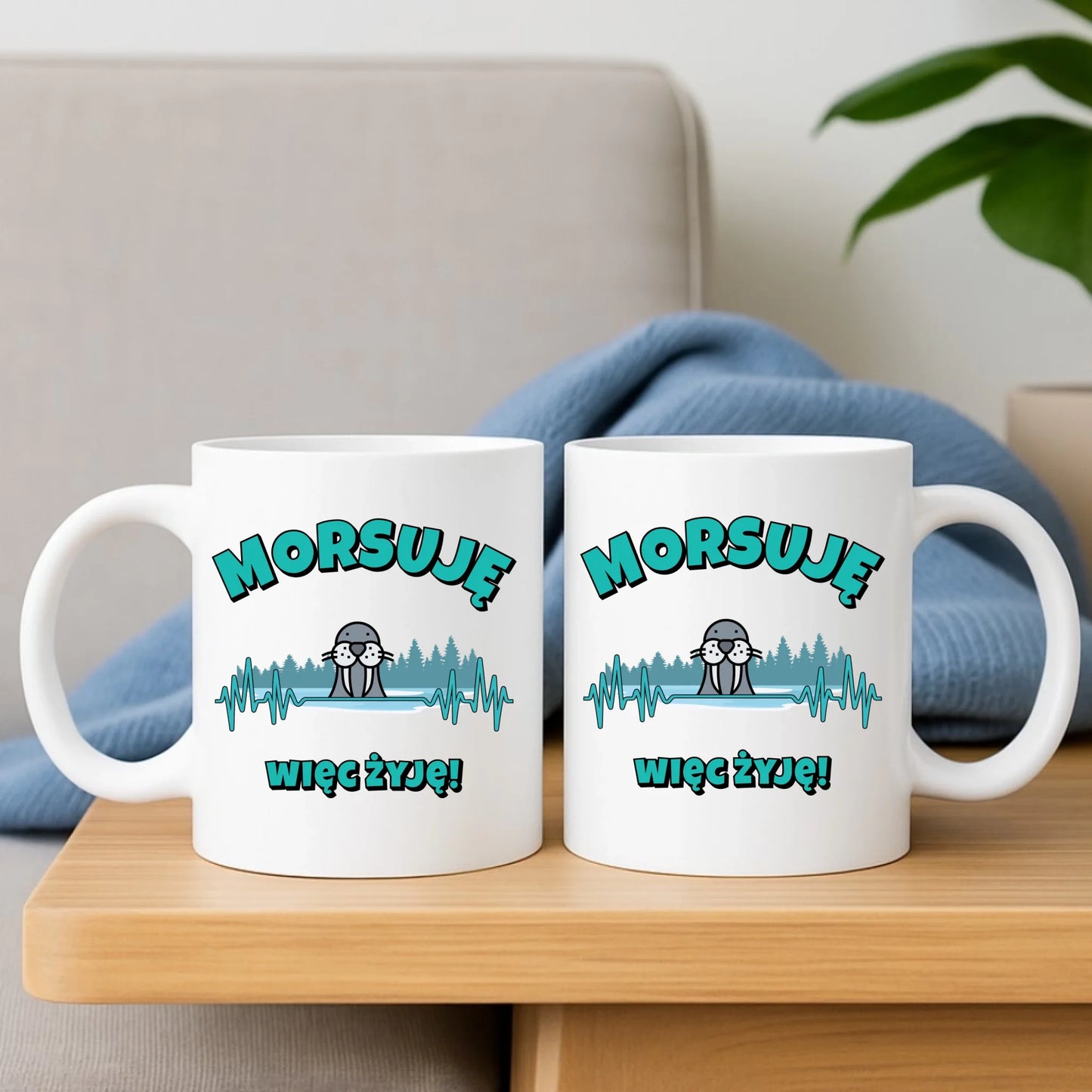 Zestaw poduszka i kubek - prezent dla morsa - Morsuję więc żyję - Mors HM02 - StoryCups.pl
