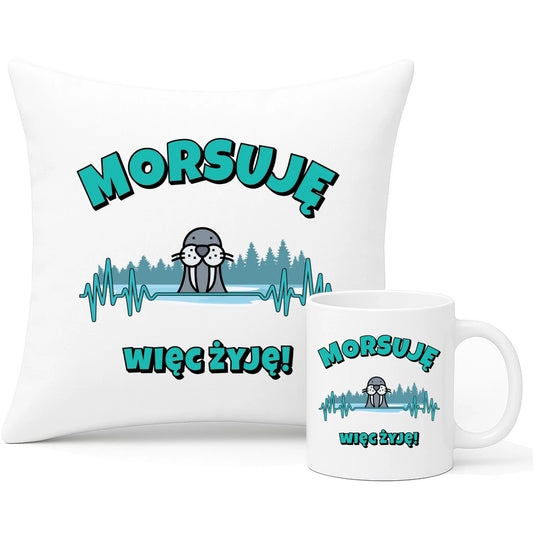 Zestaw poduszka i kubek - prezent dla morsa - Morsuję więc żyję - Mors HM02 - StoryCups.pl