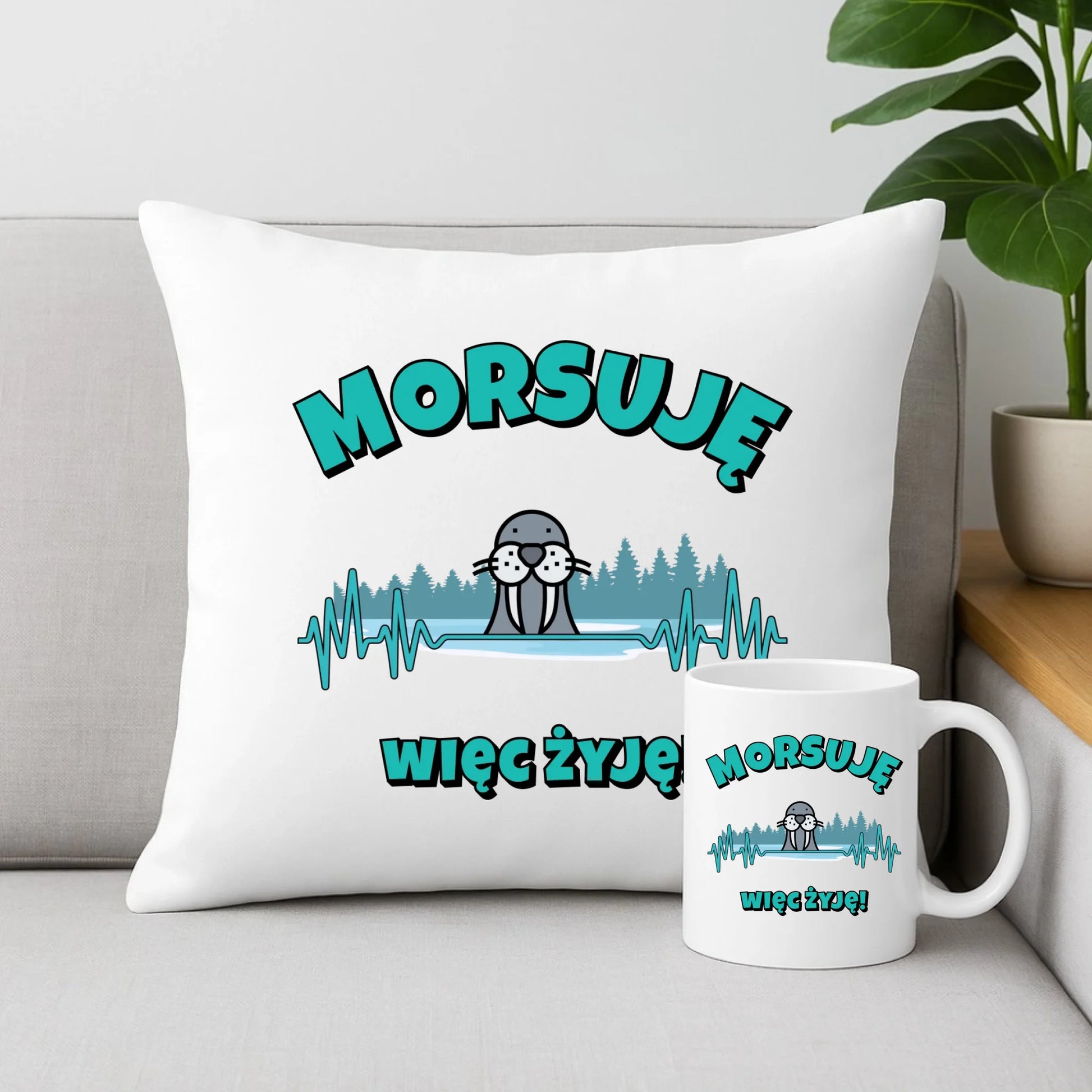 Zestaw poduszka i kubek - prezent dla morsa - Morsuję więc żyję - Mors HM02 - StoryCups.pl