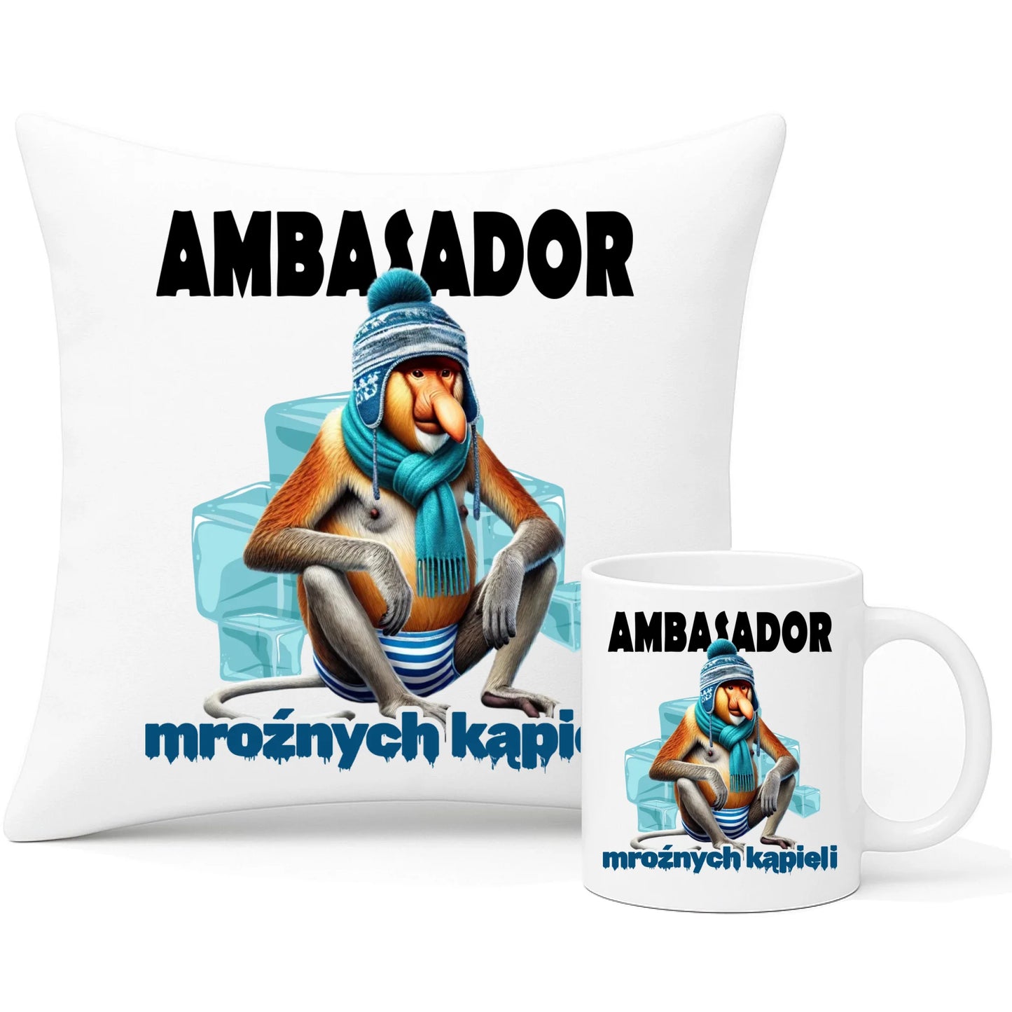 Zestaw poduszka i kubek - prezent dla morsa - Janusz Nosacz Mors - Ambasador mroźnych kąpieli HM03 - StoryCups.pl