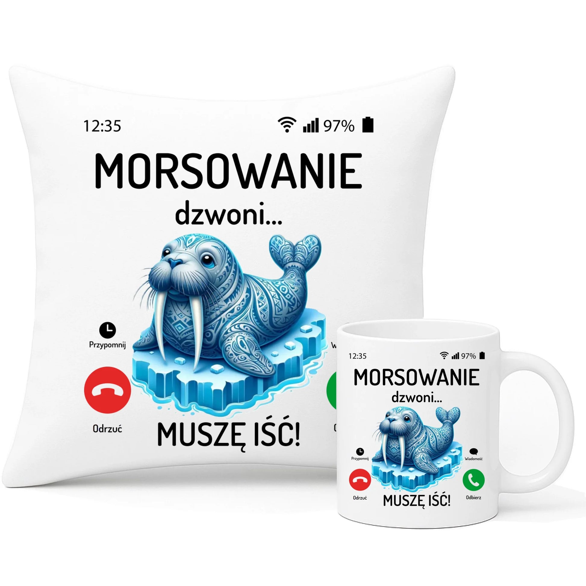 Zestaw poduszka i kubek - prezent dla morsa - Morsowanie dzwoni muszę iść - Mors HM04 - StoryCups.pl