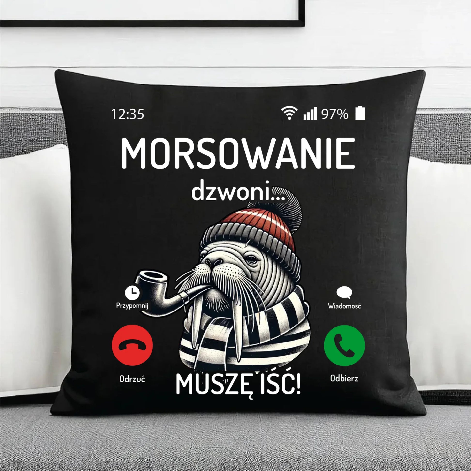 Poduszka dekoracyjna - prezent dla morsa - Morsowanie dzwoni muszę iść - Mors HM19 - StoryCups.pl