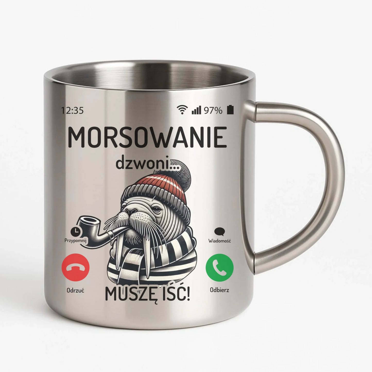 Kubek metalowy - prezent dla morsa - Morsowanie dzwoni muszę iść - Mors HM19 - StoryCups.pl