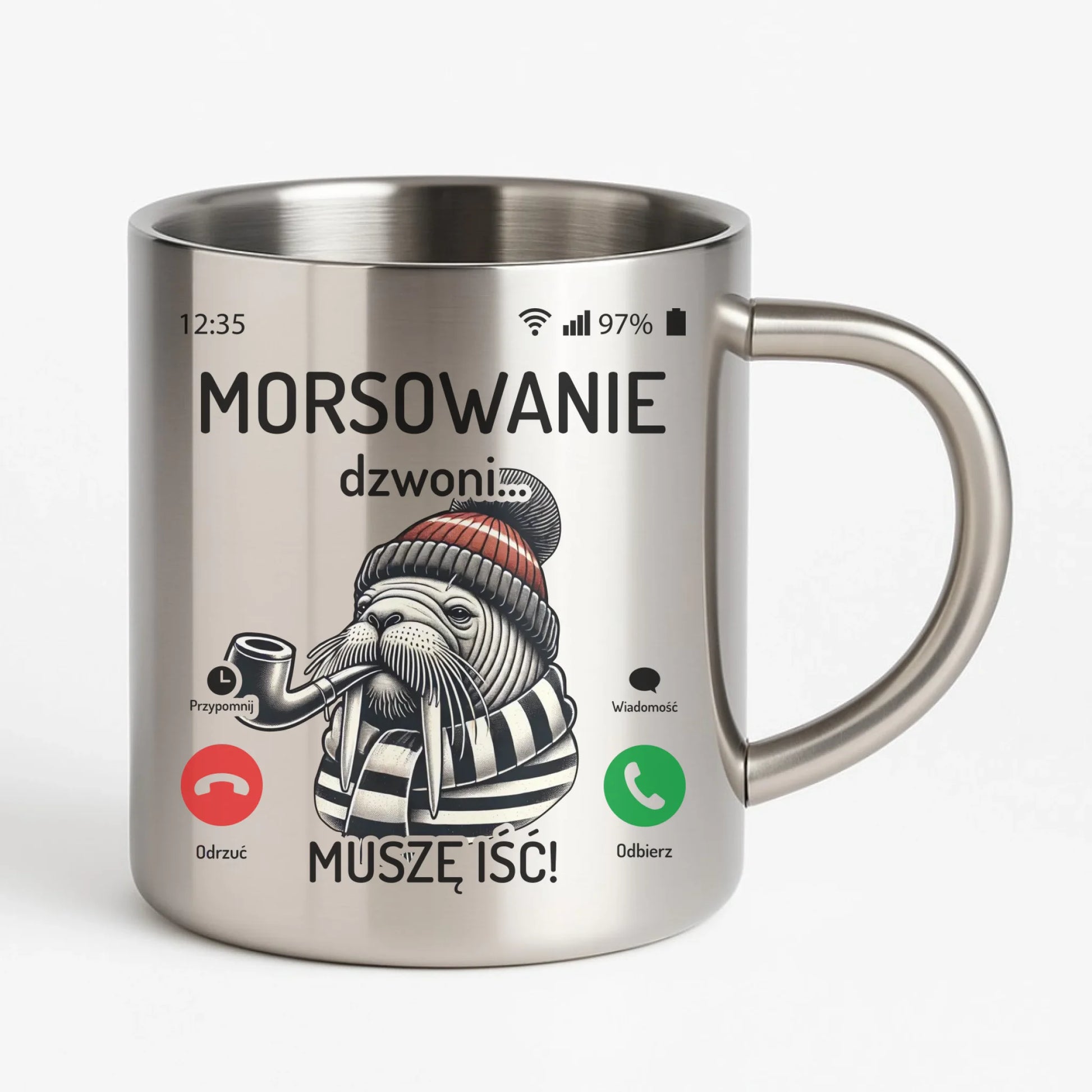 Kubek metalowy - prezent dla morsa - Morsowanie dzwoni muszę iść - Mors HM19 - StoryCups.pl
