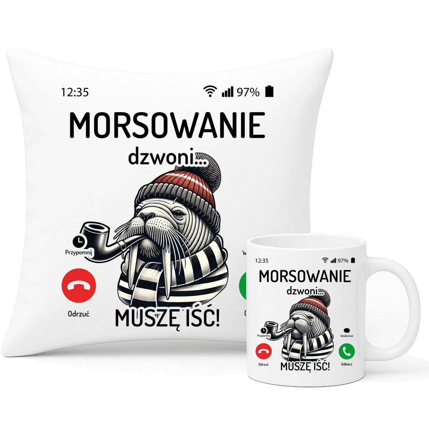 Zestaw poduszka i kubek - prezent dla morsa - Morsowanie dzwoni muszę iść - Mors HM19 - StoryCups.pl