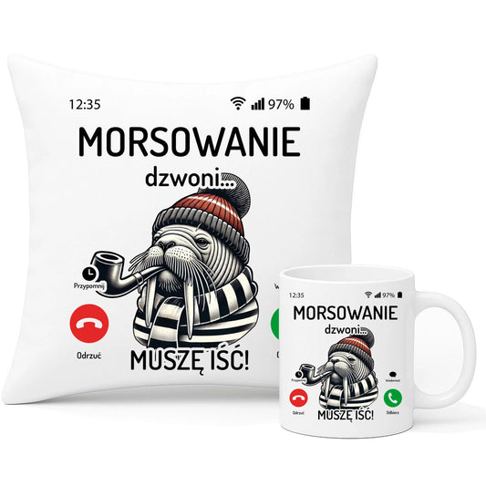 Zestaw poduszka i kubek - prezent dla morsa - Morsowanie dzwoni muszę iść - Mors HM19 - StoryCups.pl
