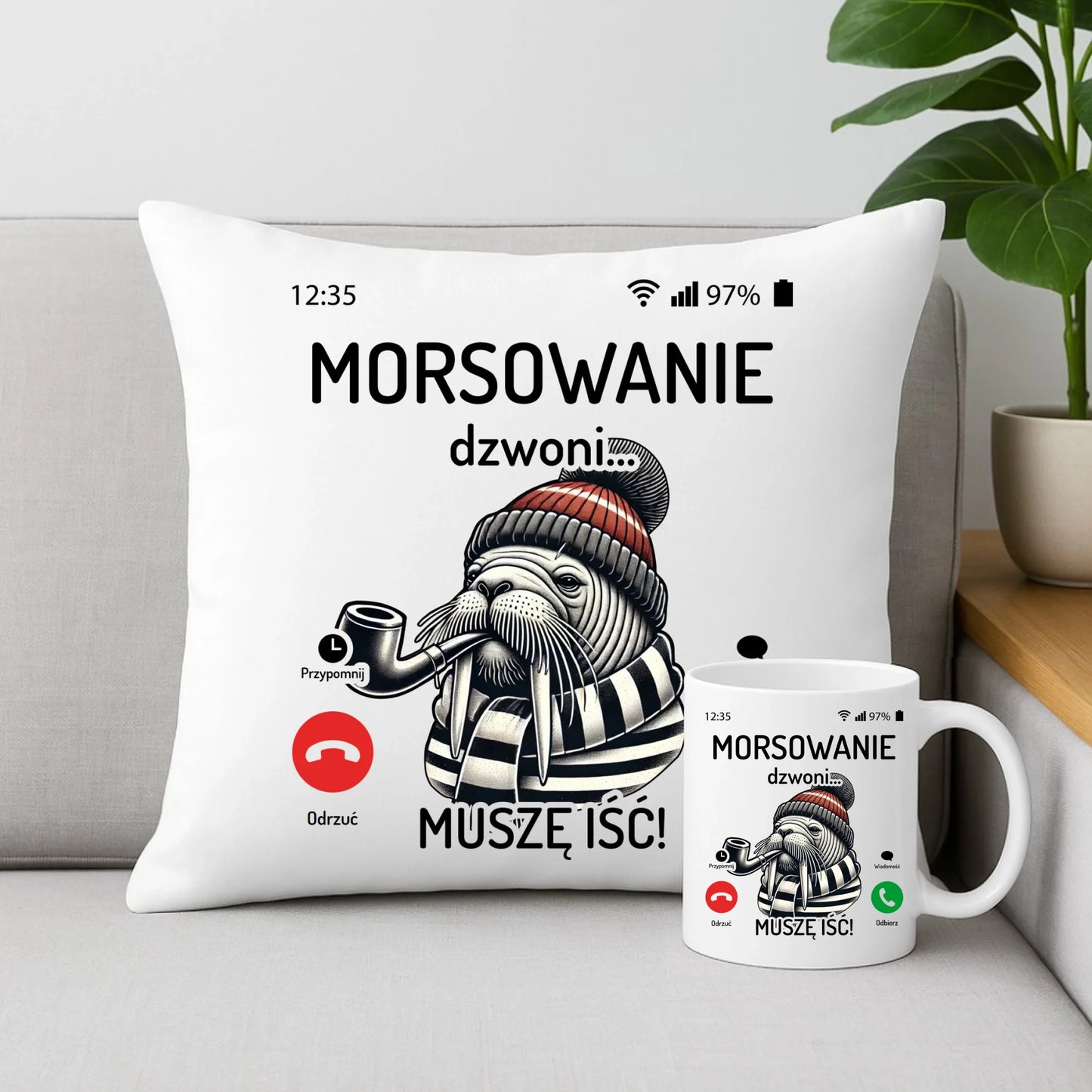 Zestaw poduszka i kubek - prezent dla morsa - Morsowanie dzwoni muszę iść - Mors HM19 - StoryCups.pl