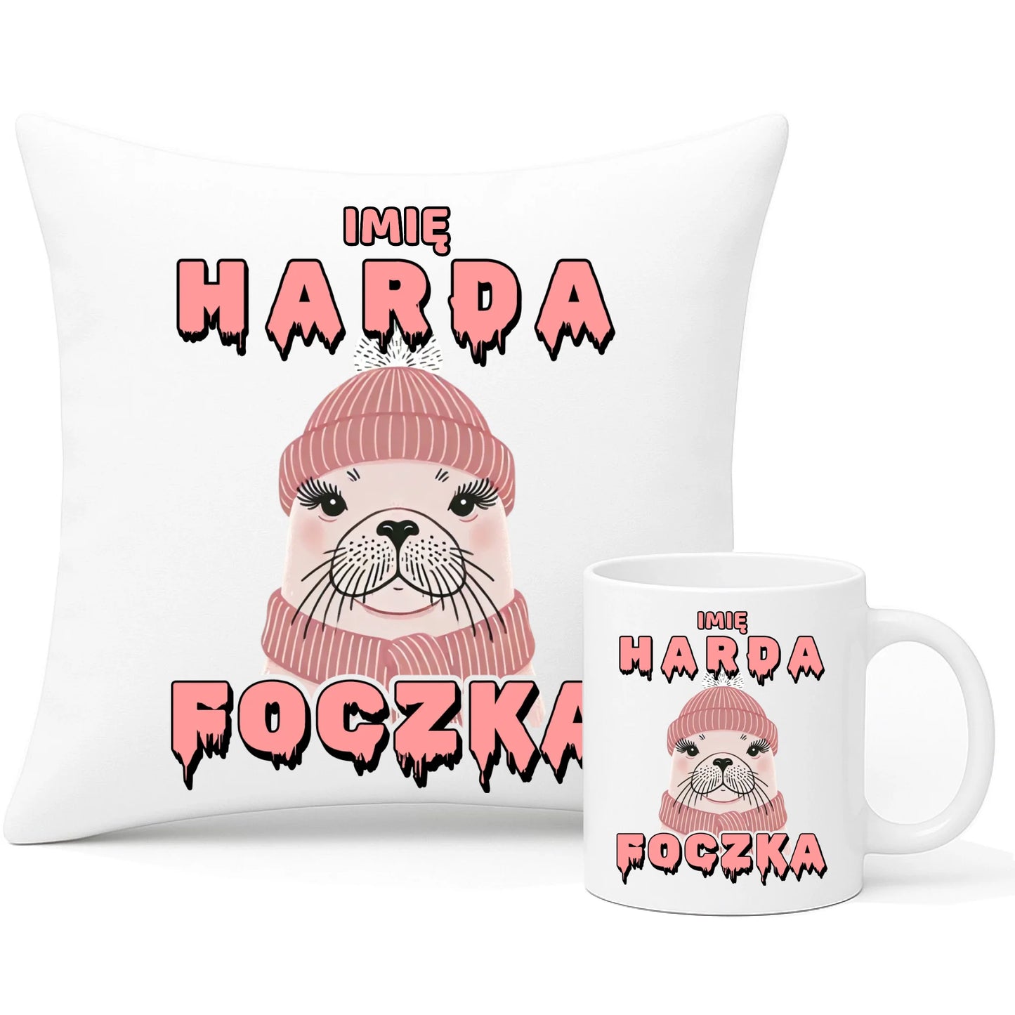 Zestaw poduszka i kubek - prezent dla morsa - Harda foczka - personalizowany HM05 - StoryCups.pl