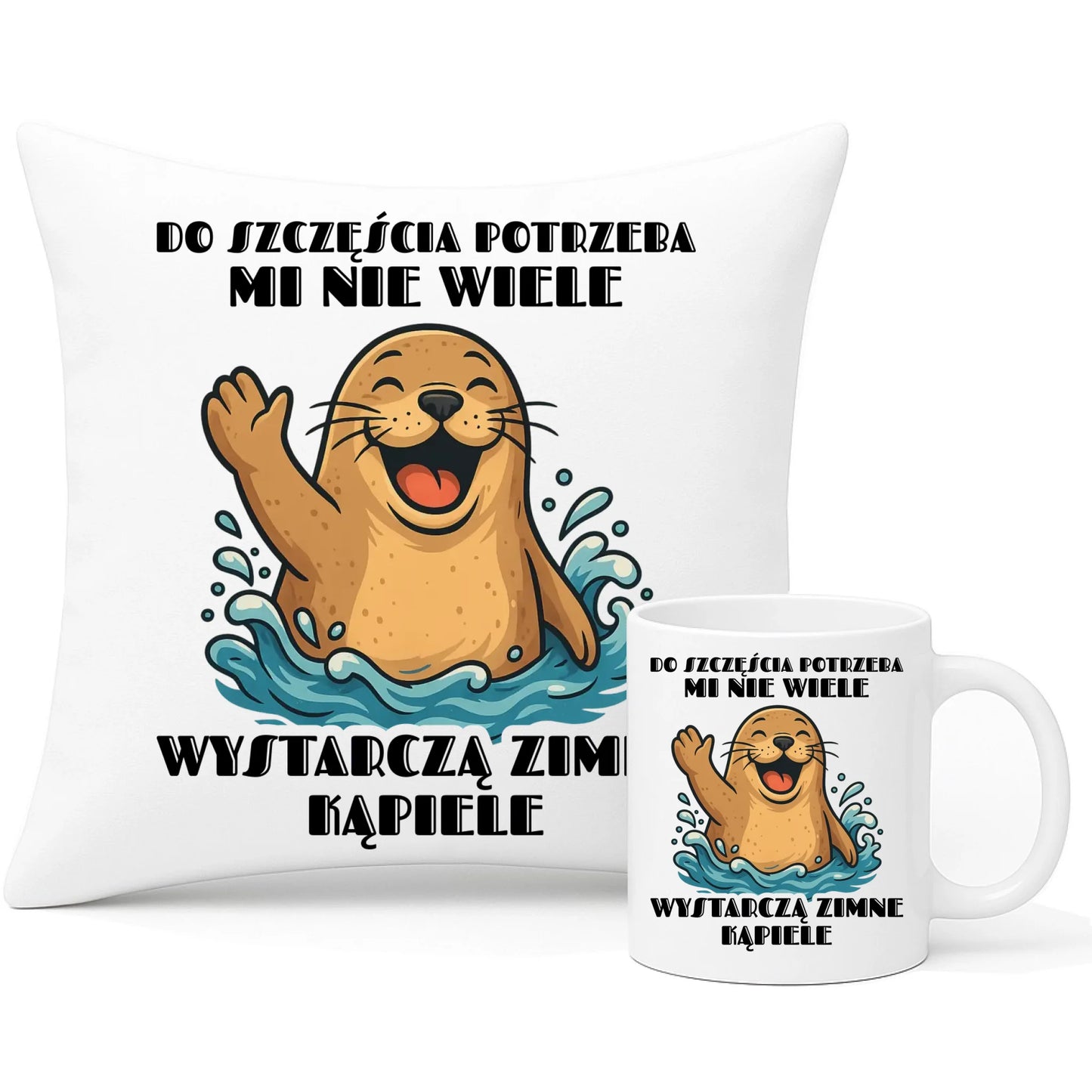 Zestaw poduszka i kubek - prezent dla morsa - Do szczęścia potrzeba mi nie wiele HM06 - StoryCups.pl