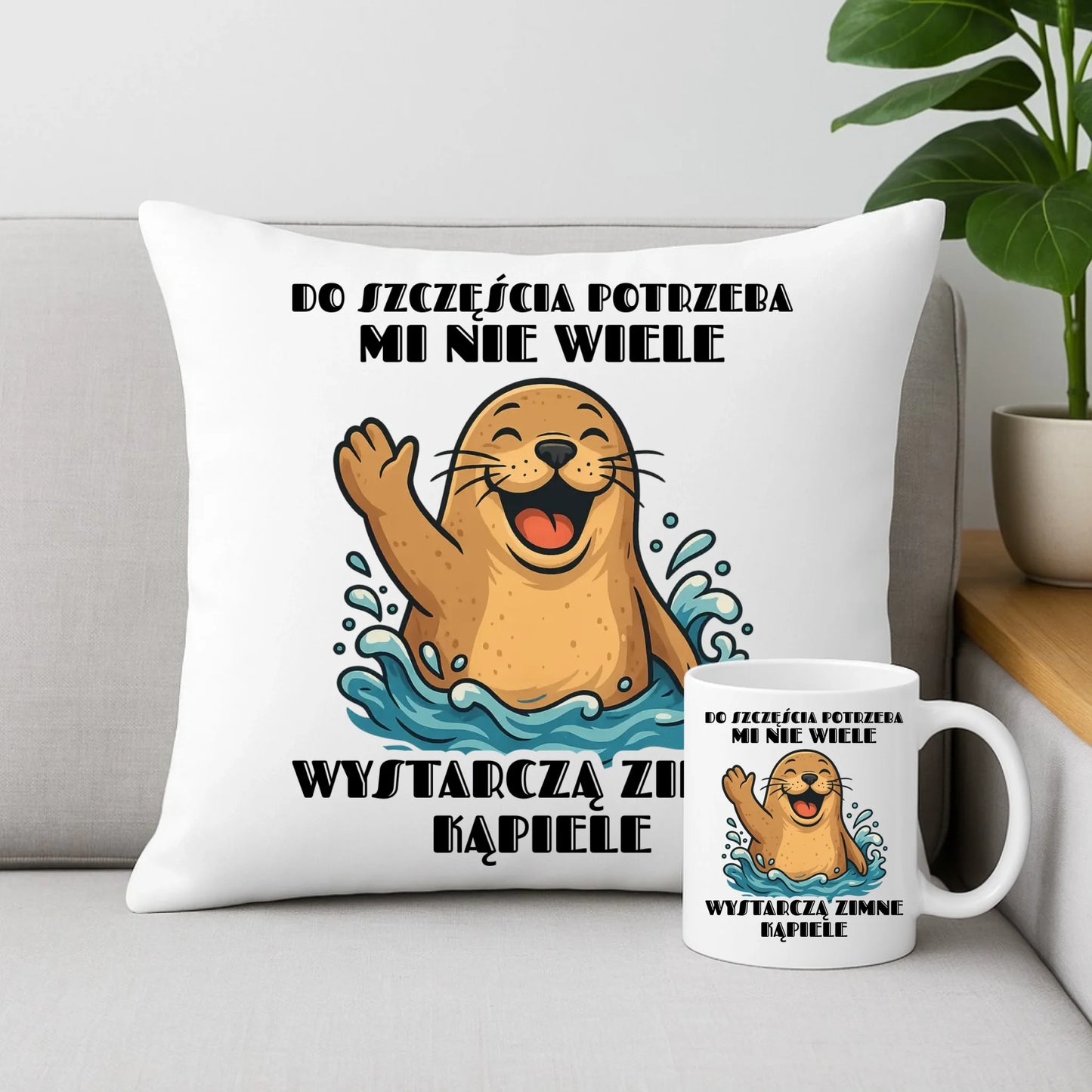 Zestaw poduszka i kubek - prezent dla morsa - Do szczęścia potrzeba mi nie wiele HM06 - StoryCups.pl