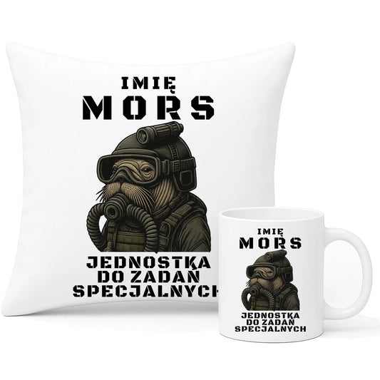 Zestaw poduszka i kubek - prezent dla morsa - Mors do zadań specjalnych - personalizowany HM07 - StoryCups.pl