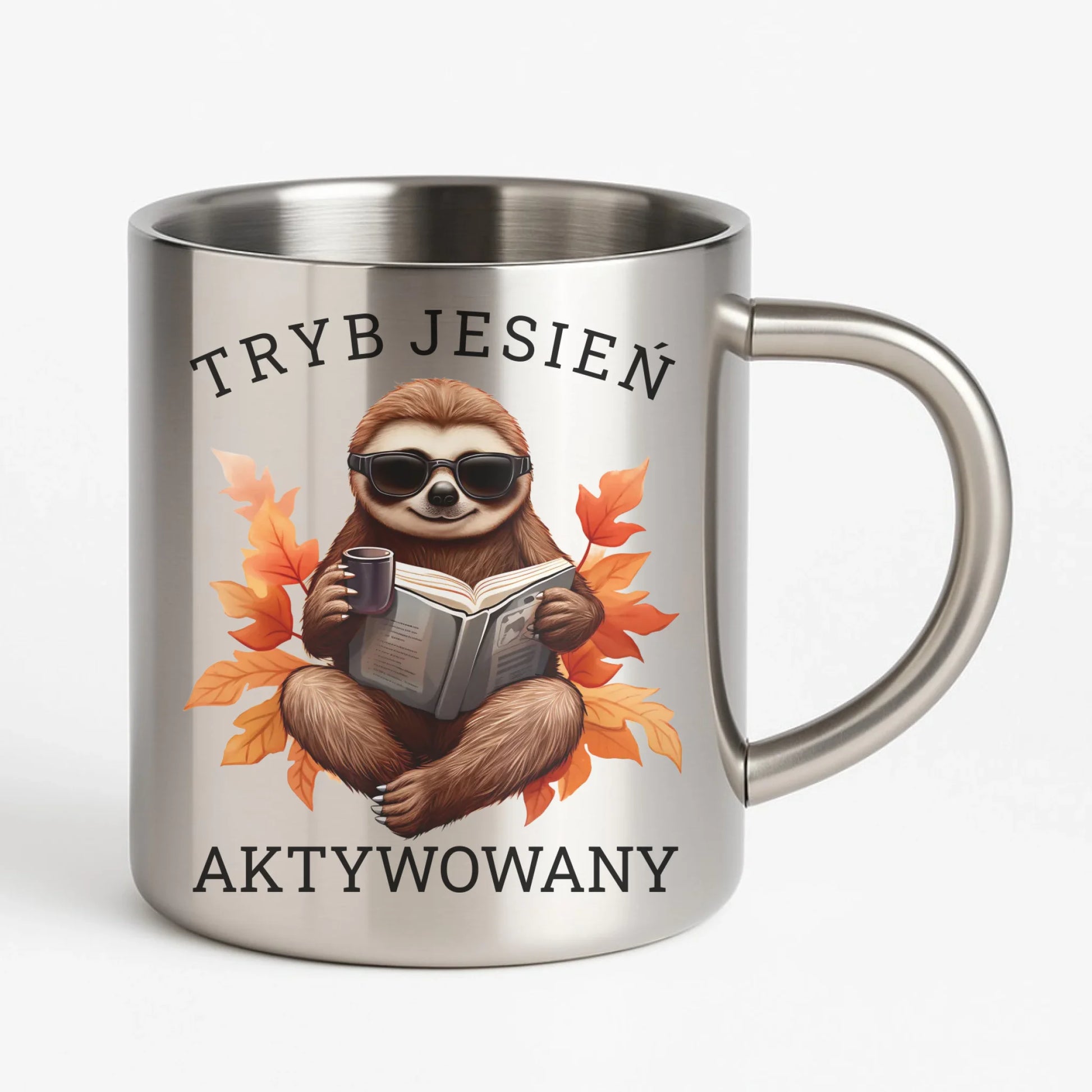 Kubek metalowy jesienny - Leniwiec - Tryb jesień aktywowany JS23 - StoryCups.pl