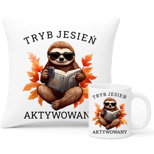Zestaw poduszka i kubek jesienny - Leniwiec - Tryb jesień aktywowany JS23
