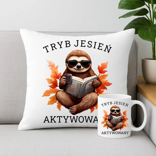 Zestaw poduszka i kubek jesienny - Leniwiec - Tryb jesień aktywowany JS23