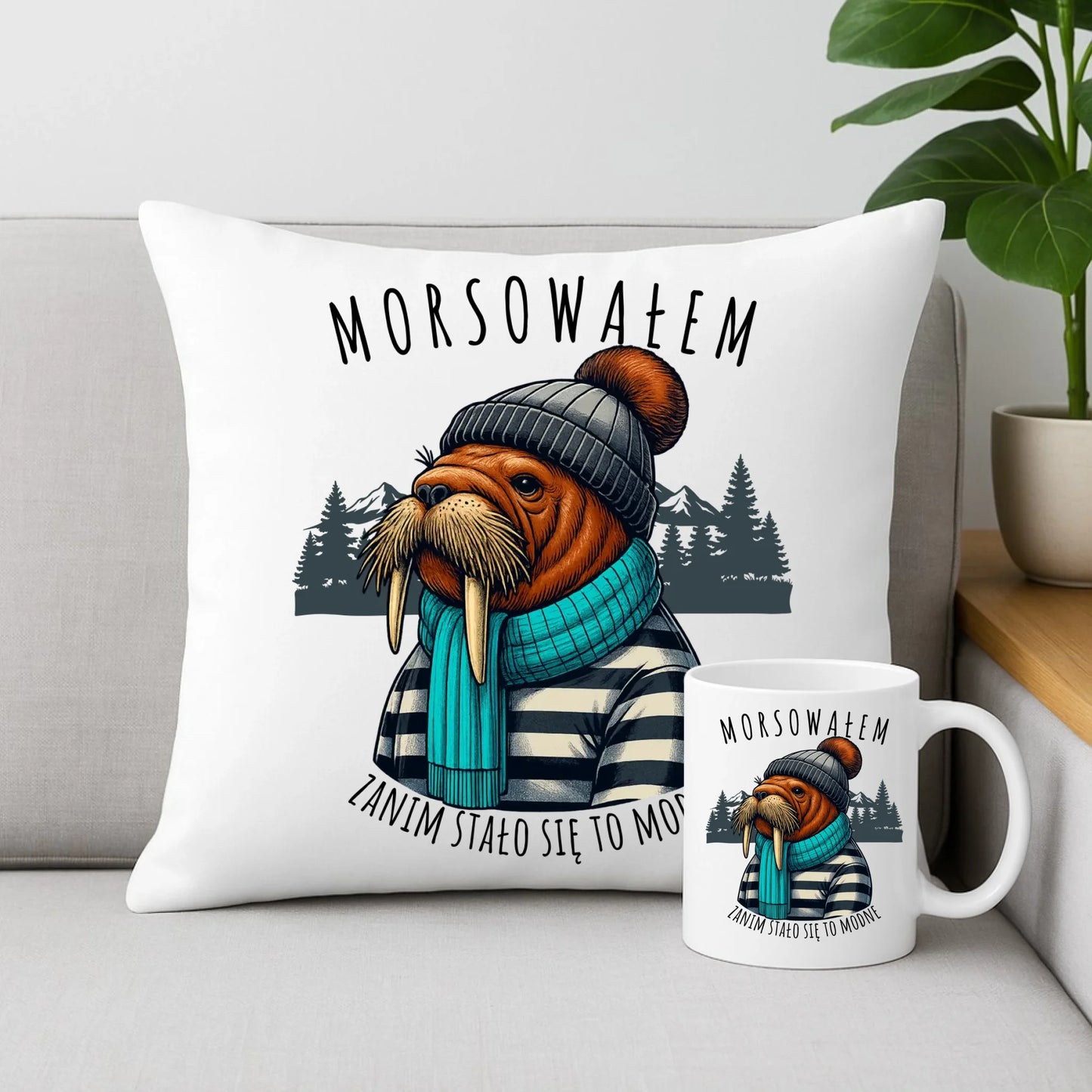 Zestaw poduszka i kubek - prezent dla morsa - Morsowałem zanim stało się to modne - Mors HM08 - StoryCups.pl