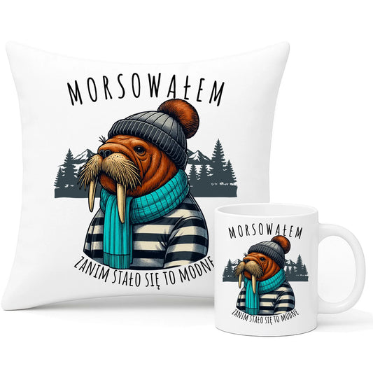 Zestaw poduszka i kubek - prezent dla morsa - Morsowałem zanim stało się to modne - Mors HM08 - StoryCups.pl