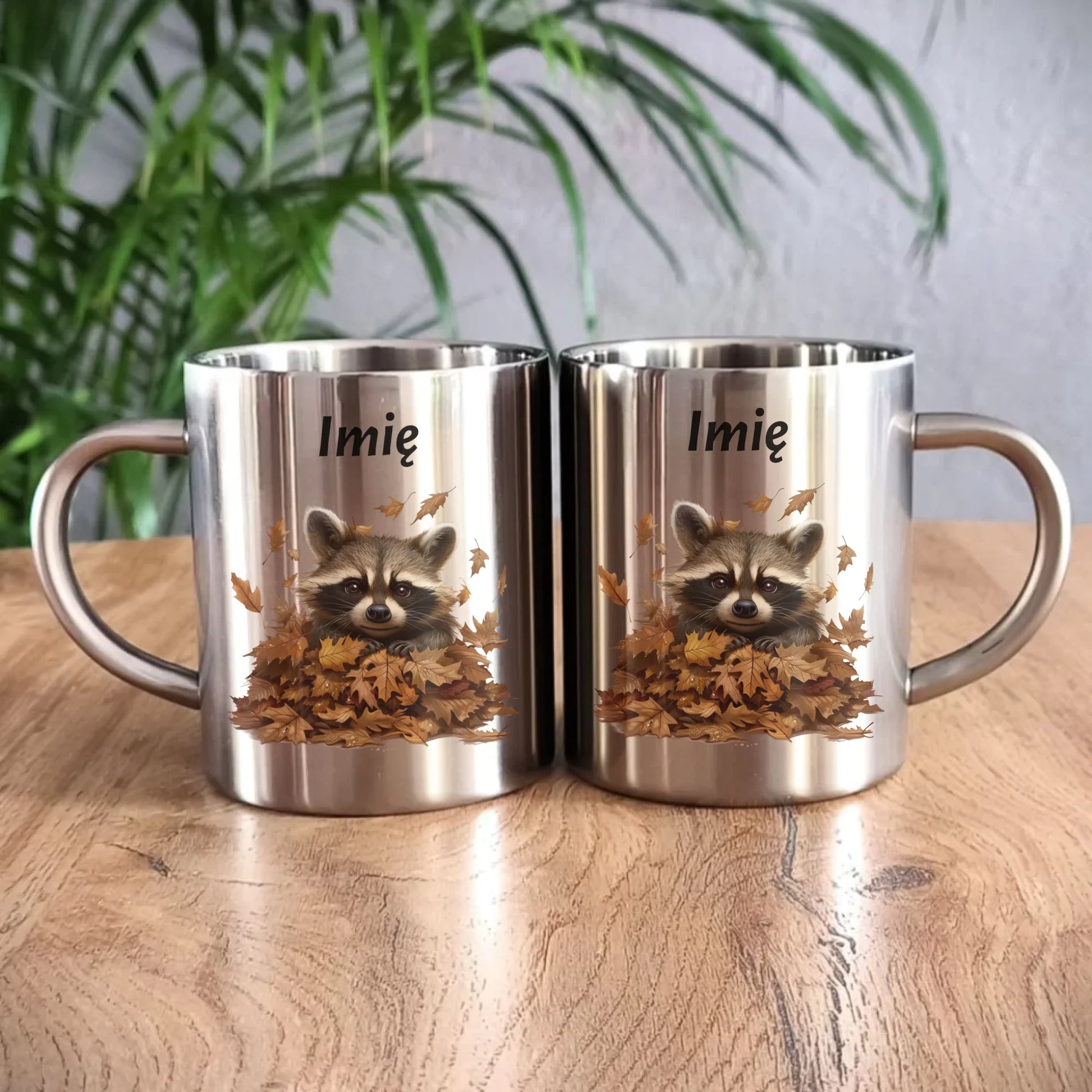 Kubek metalowy jesienny - Szop w liściach - personalizowany JS24 - StoryCups.pl