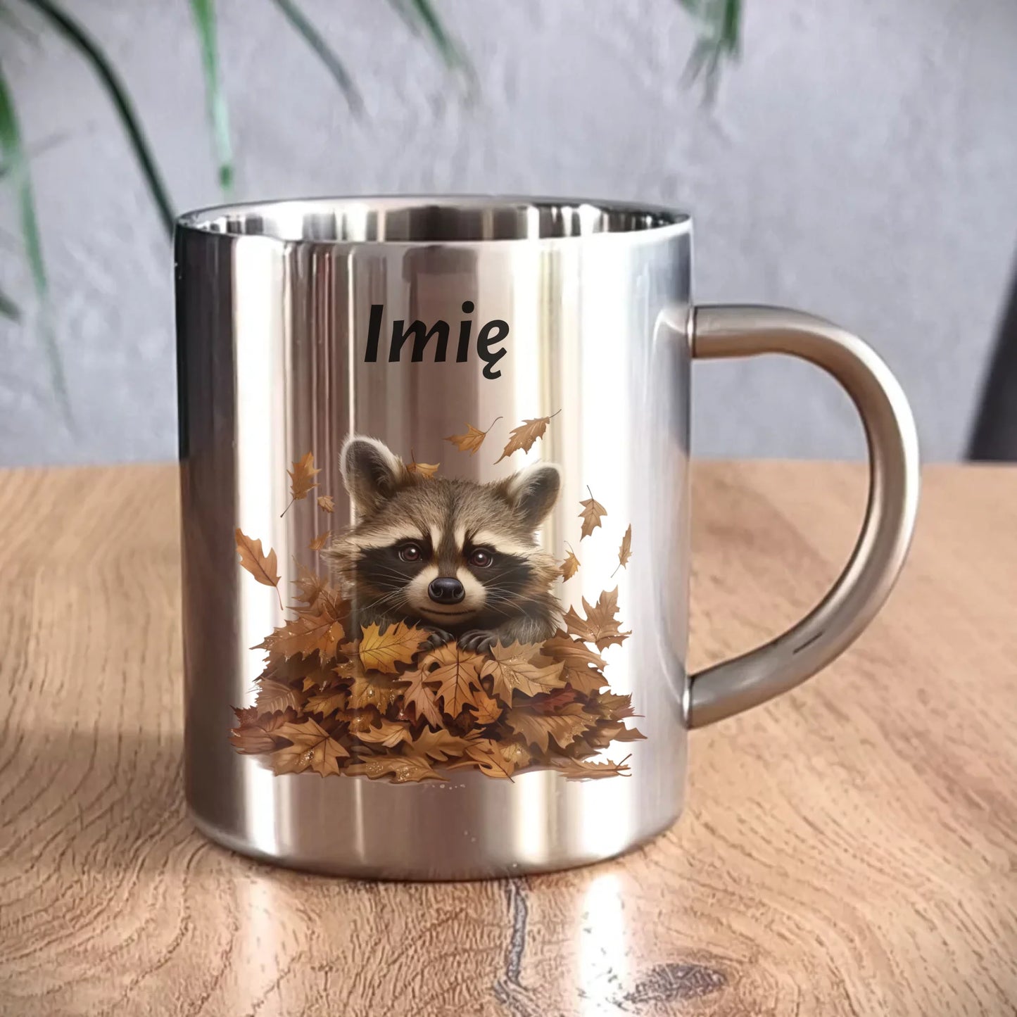 Kubek metalowy jesienny - Szop w liściach - personalizowany JS24 - StoryCups.pl
