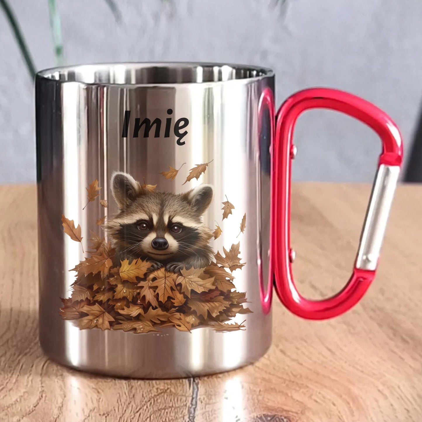 Kubek metalowy jesienny - Szop w liściach - personalizowany JS24 - StoryCups.pl