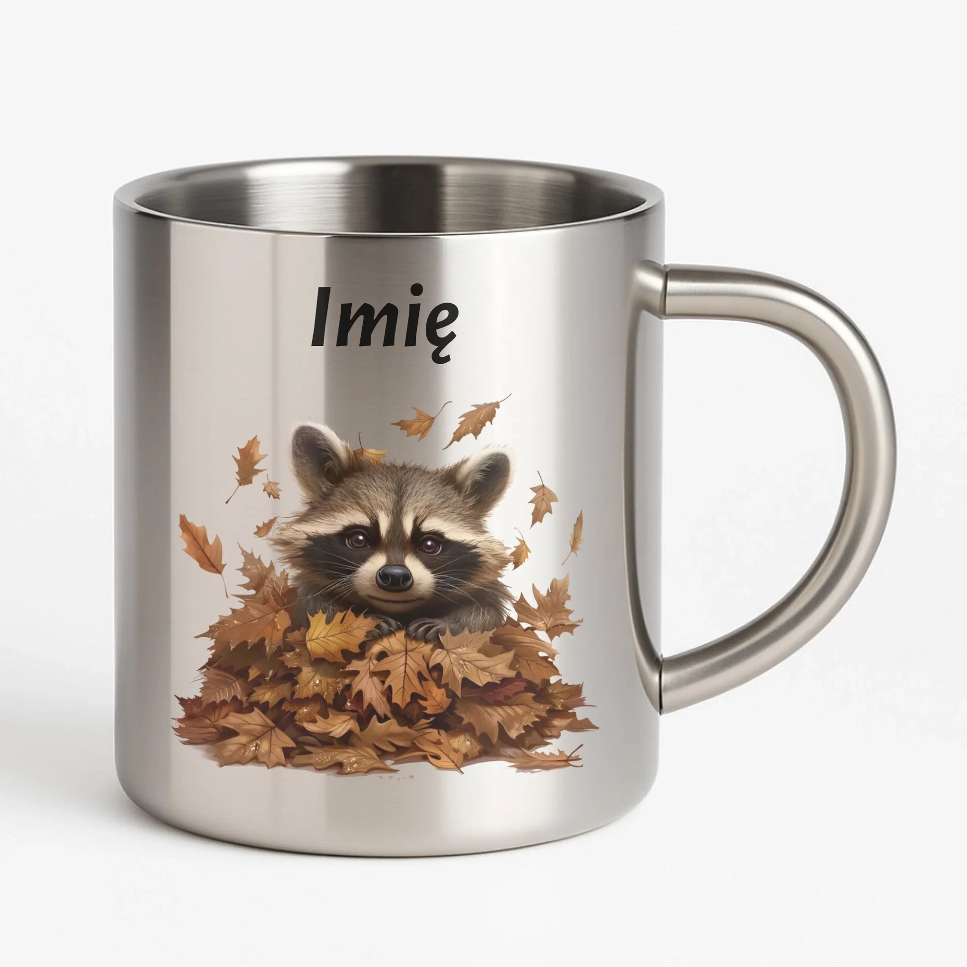 Kubek metalowy jesienny - Szop w liściach - personalizowany JS24 - StoryCups.pl