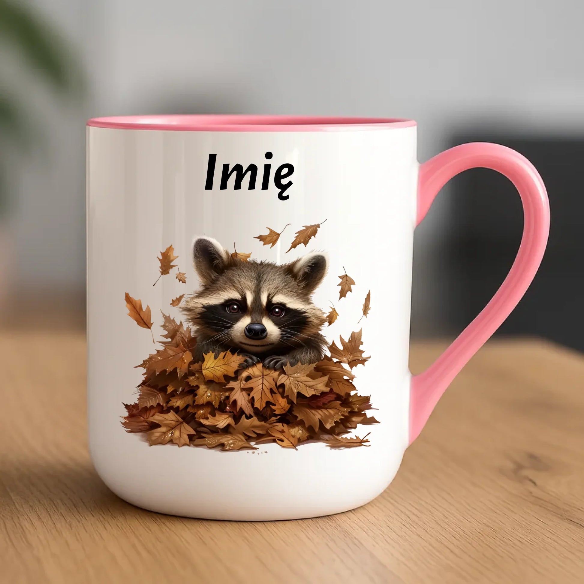 Kubek elegant jesienny - Szop w liściach - personalizowany JS24 - StoryCups.pl