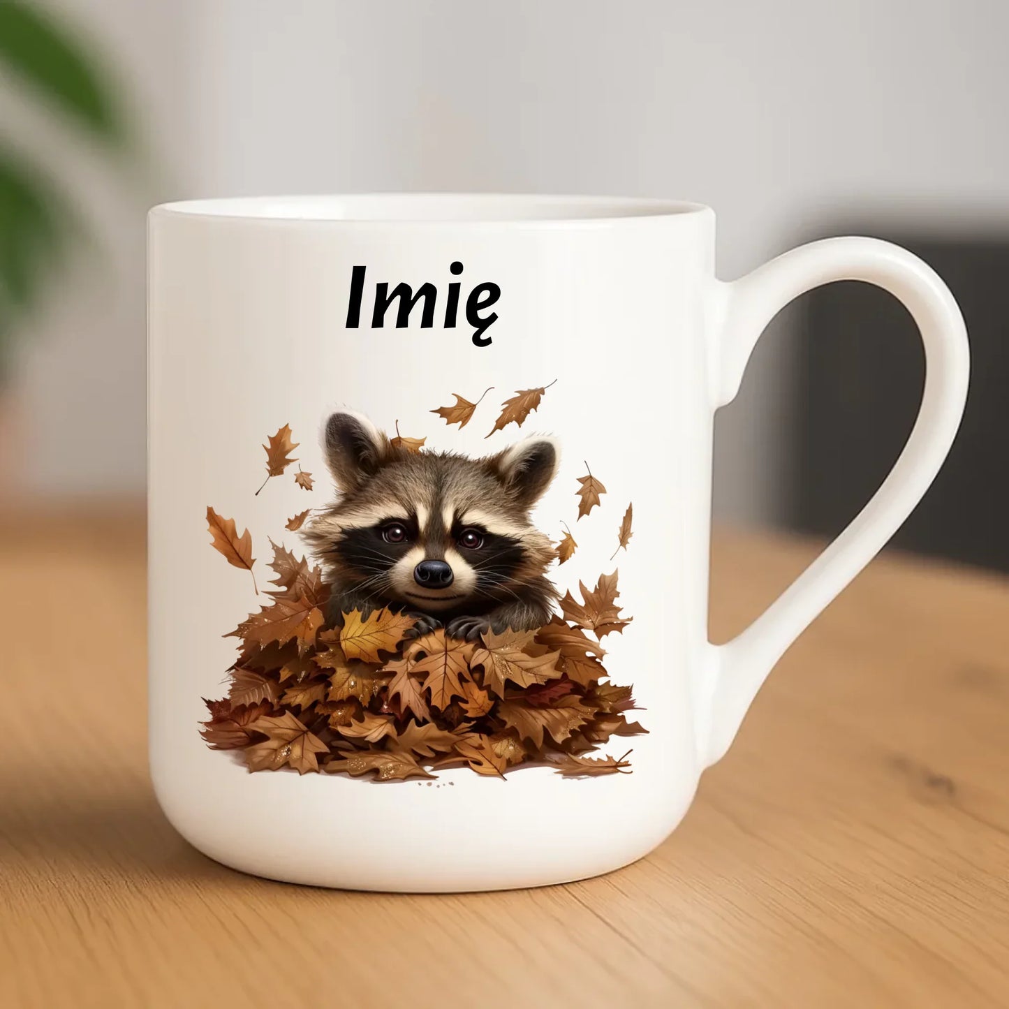 Kubek elegant jesienny - Szop w liściach - personalizowany JS24 - StoryCups.pl