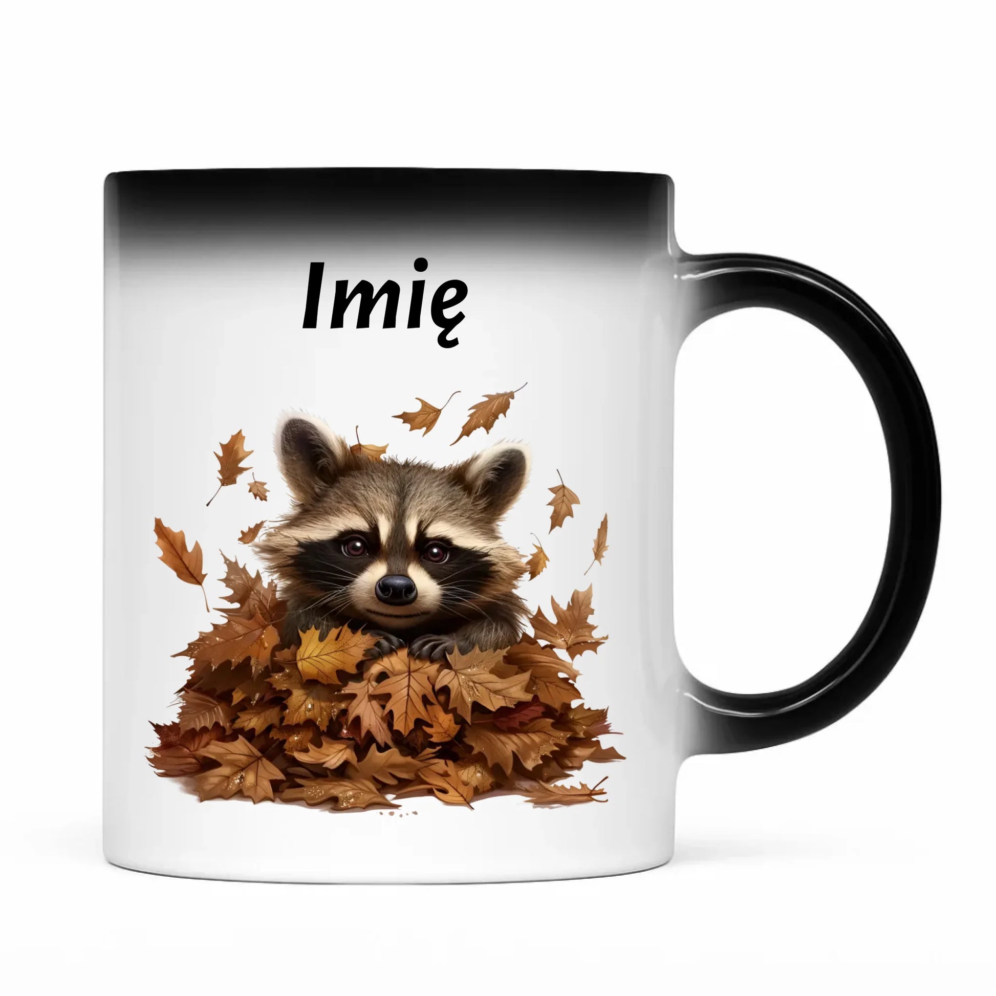 Kubek magiczny jesienny - Szop w liściach - personalizowany JS24 - StoryCups.pl