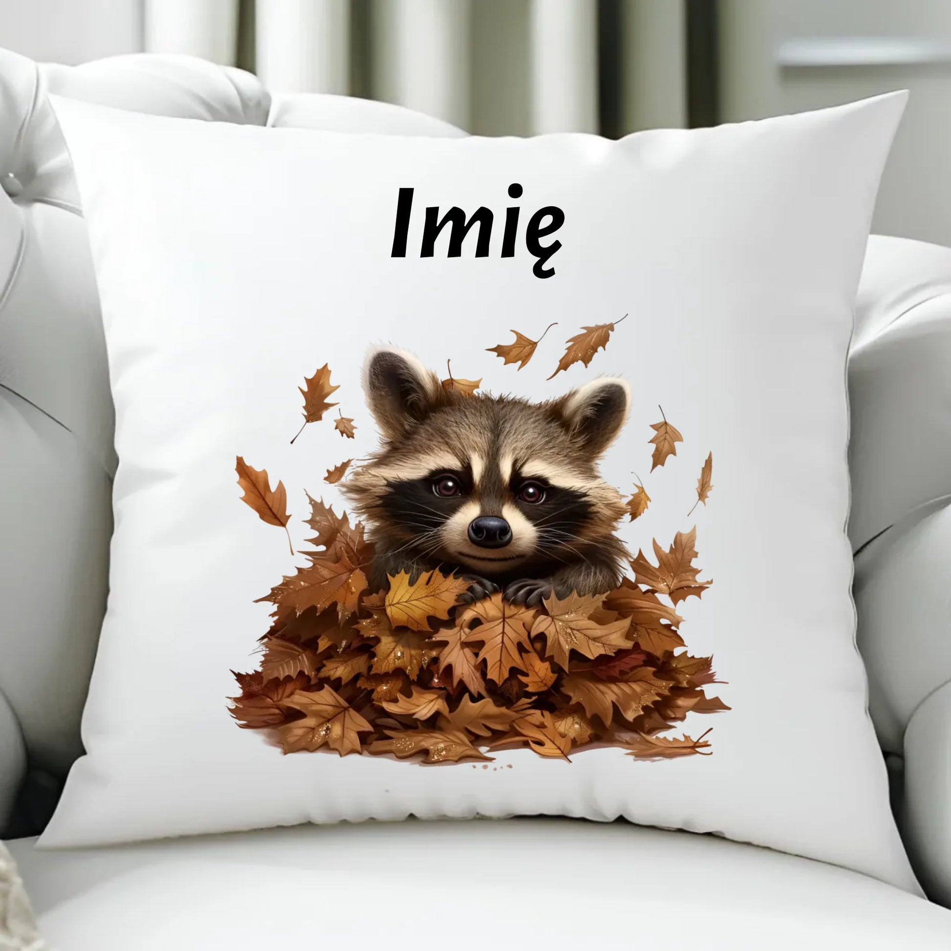Poduszka jesienna - Szop w liściach - personalizowana JS24 - StoryCups.pl