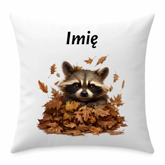 Poduszka jesienna - Szop w liściach - personalizowana JS24 - StoryCups.pl