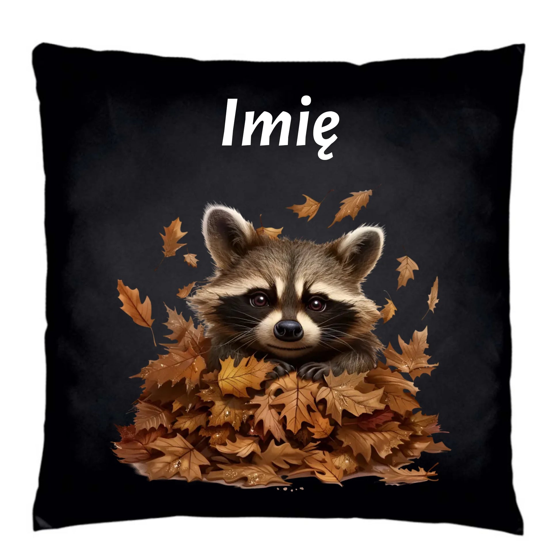 Poduszka dekoracyjna jesienna - Szop w liściach - personalizowana JS24 - StoryCups.pl
