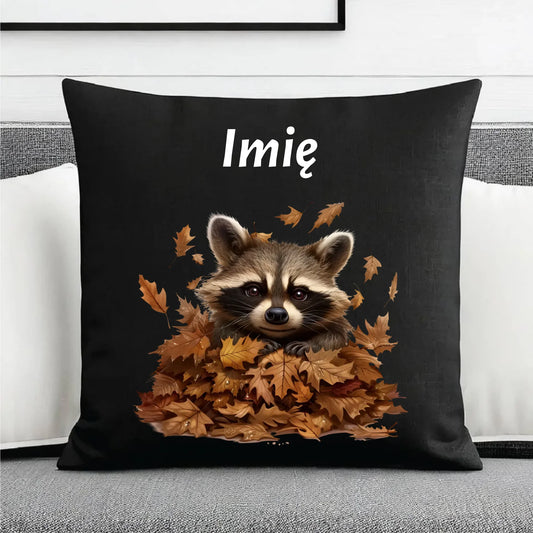 Poduszka dekoracyjna jesienna - Szop w liściach - personalizowana JS24 - StoryCups.pl