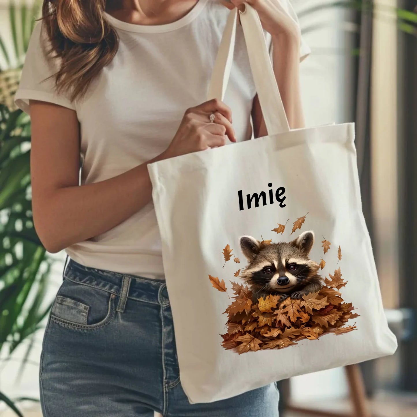 Torba jesienna - Szop w liściach - personalizowana JS24 - StoryCups.pl