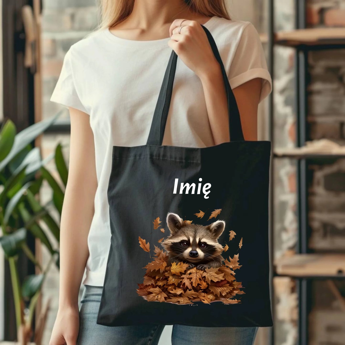 Torba jesienna - Szop w liściach - personalizowana JS24 - StoryCups.pl