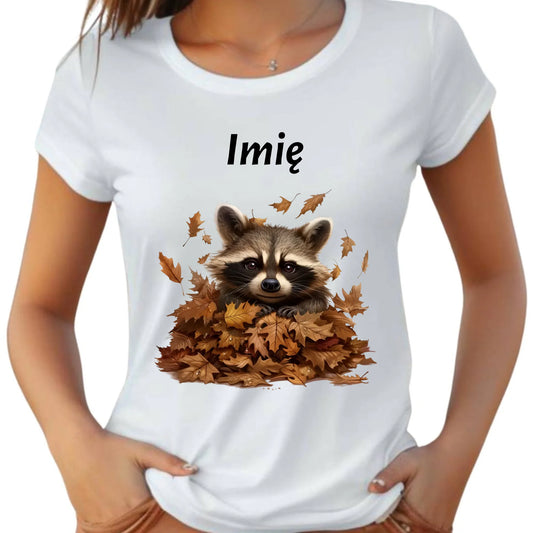 Koszulka damska jesienna - Szop w liściach - personalizowana JS24 - StoryCups.pl