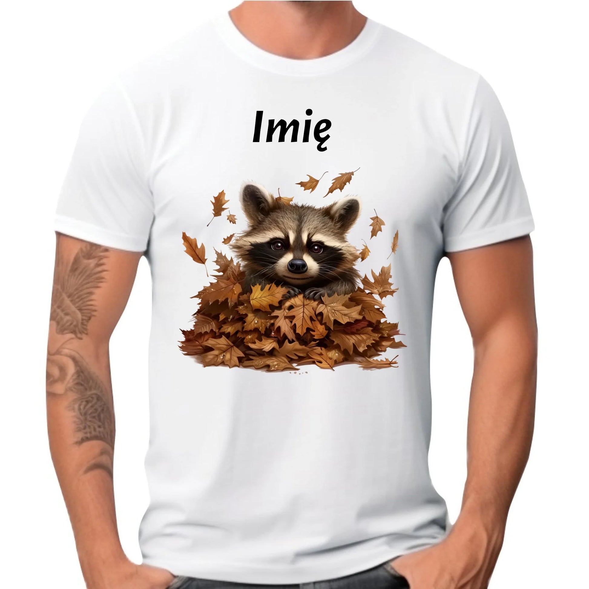 Koszulka męska jesienna - Szop w liściach - personalizowana JS24 - StoryCups.pl
