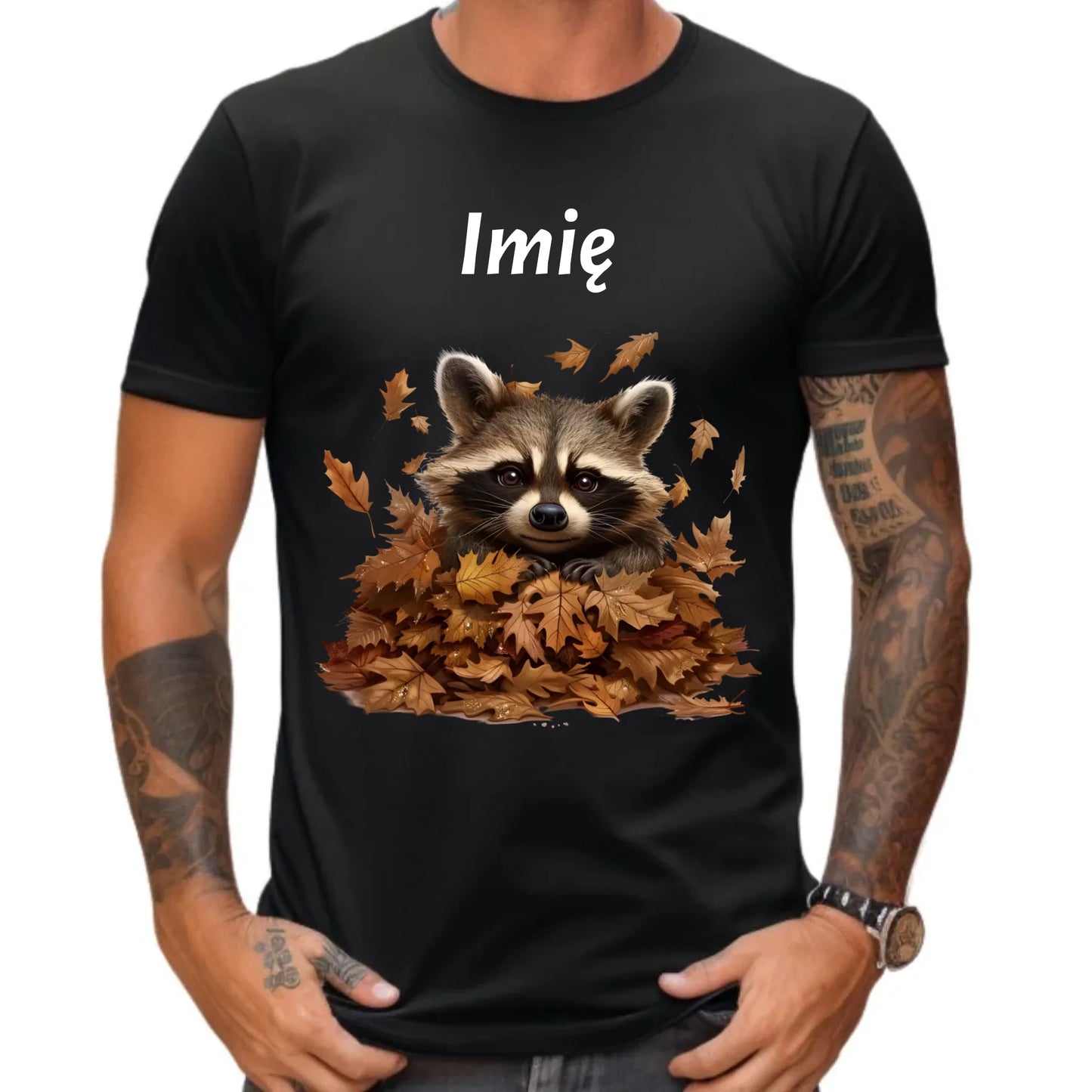 Koszulka męska jesienna - Szop w liściach - personalizowana JS24 - StoryCups.pl