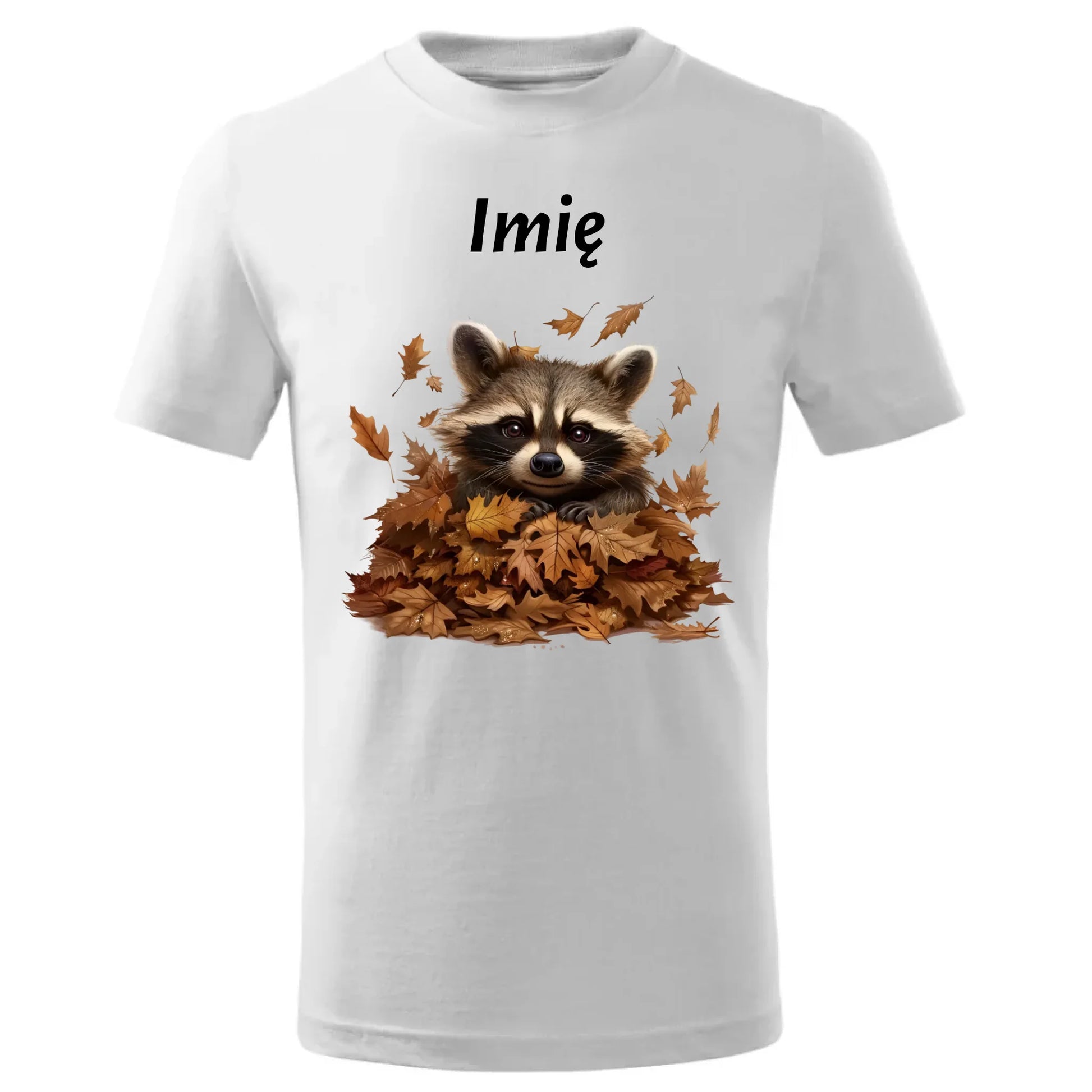 Koszulka dziecięca jesienna - Szop w liściach - personalizowana JS24 - StoryCups.pl