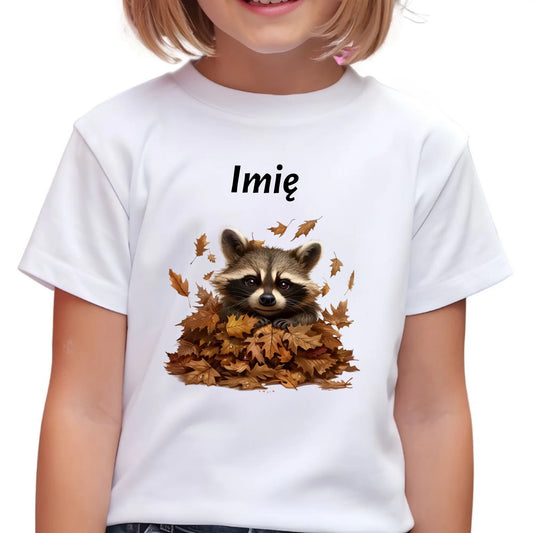 Koszulka dziecięca jesienna - Szop w liściach - personalizowana JS24 - StoryCups.pl