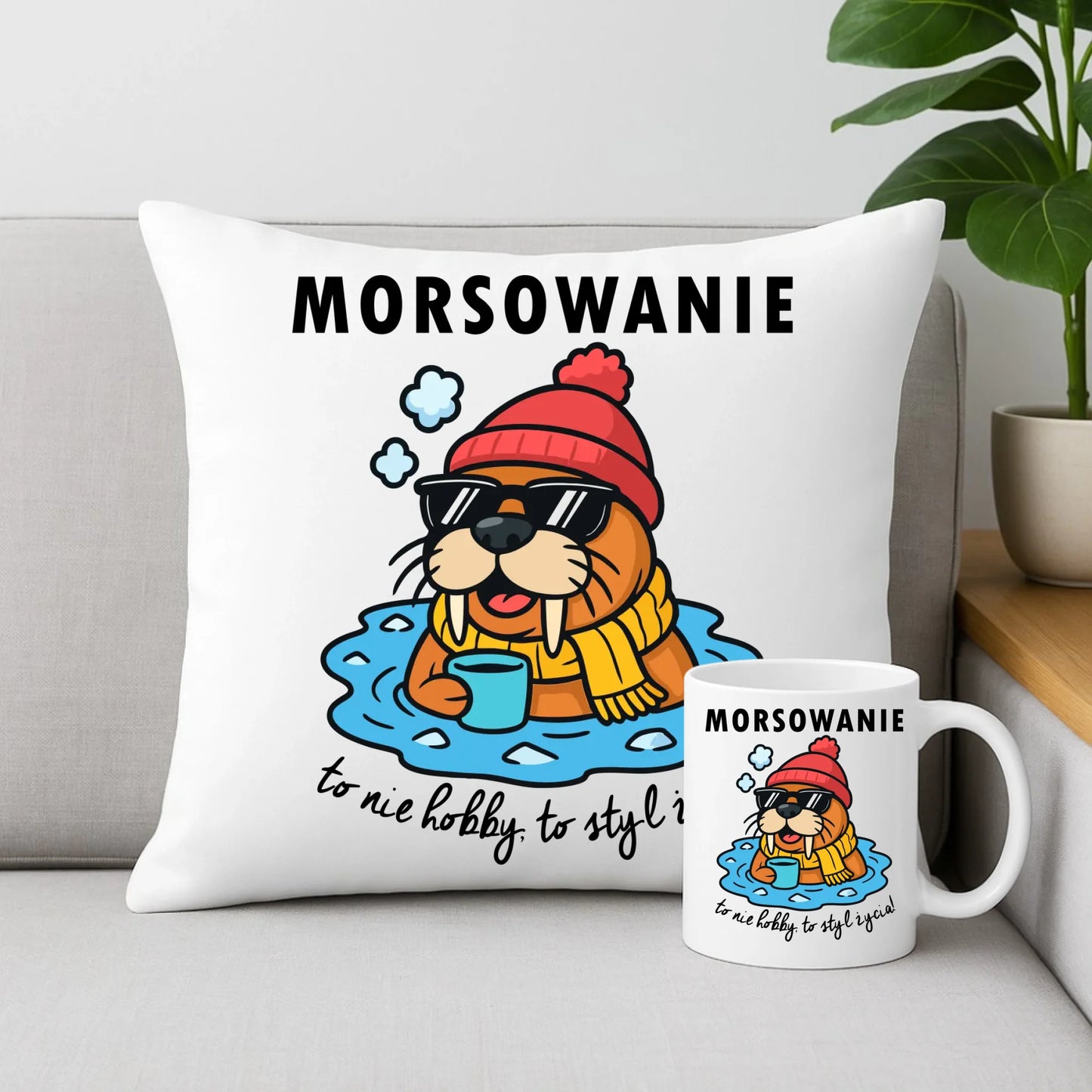 Zestaw poduszka i kubek - prezent dla morsa - Morsowanie to styl życia HM10 - StoryCups.pl