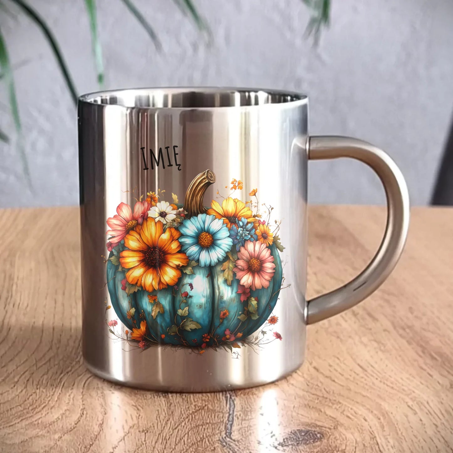 Kubek metalowy jesienny - Kwiatowa dynia - personalizowany JS27 - StoryCups.pl