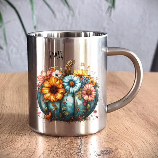 Kubek metalowy jesienny - Kwiatowa dynia - personalizowany JS27 - StoryCups.pl
