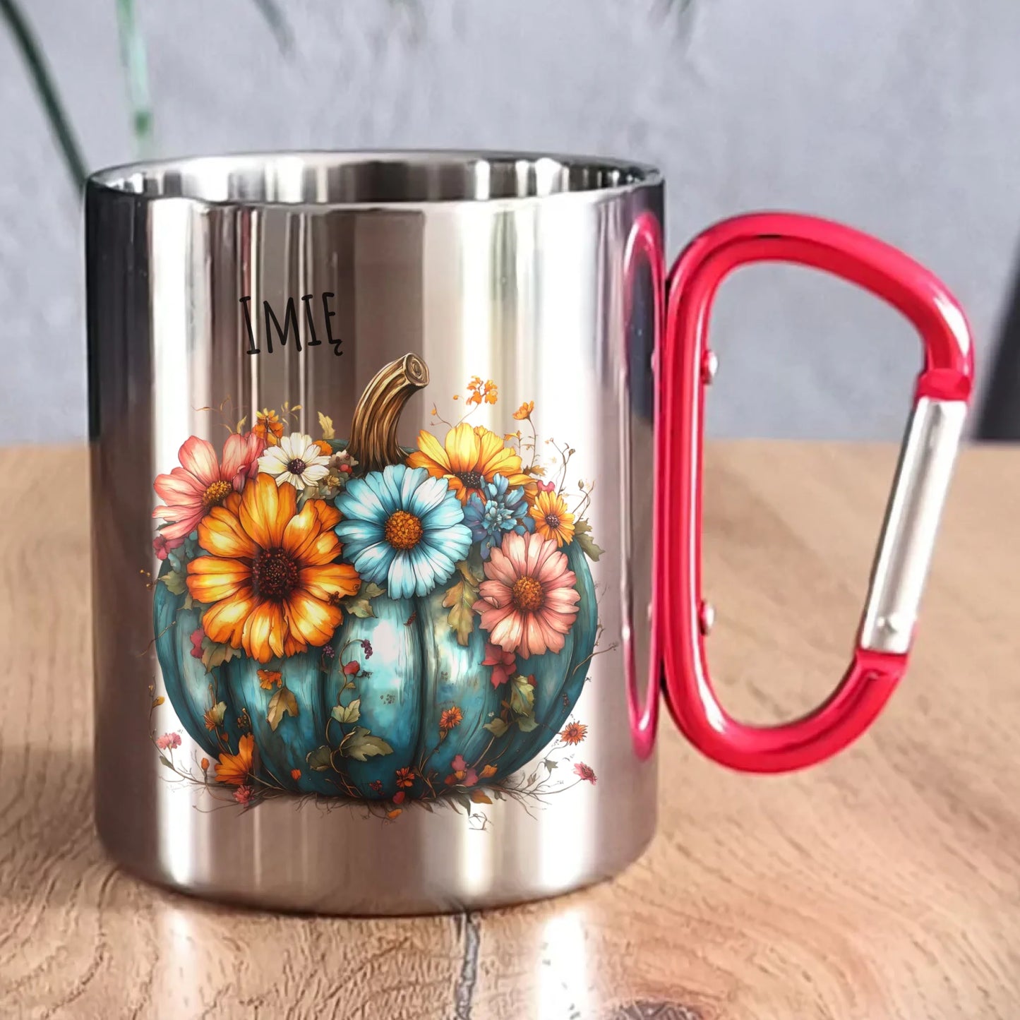 Kubek metalowy jesienny - Kwiatowa dynia - personalizowany JS27 - StoryCups.pl