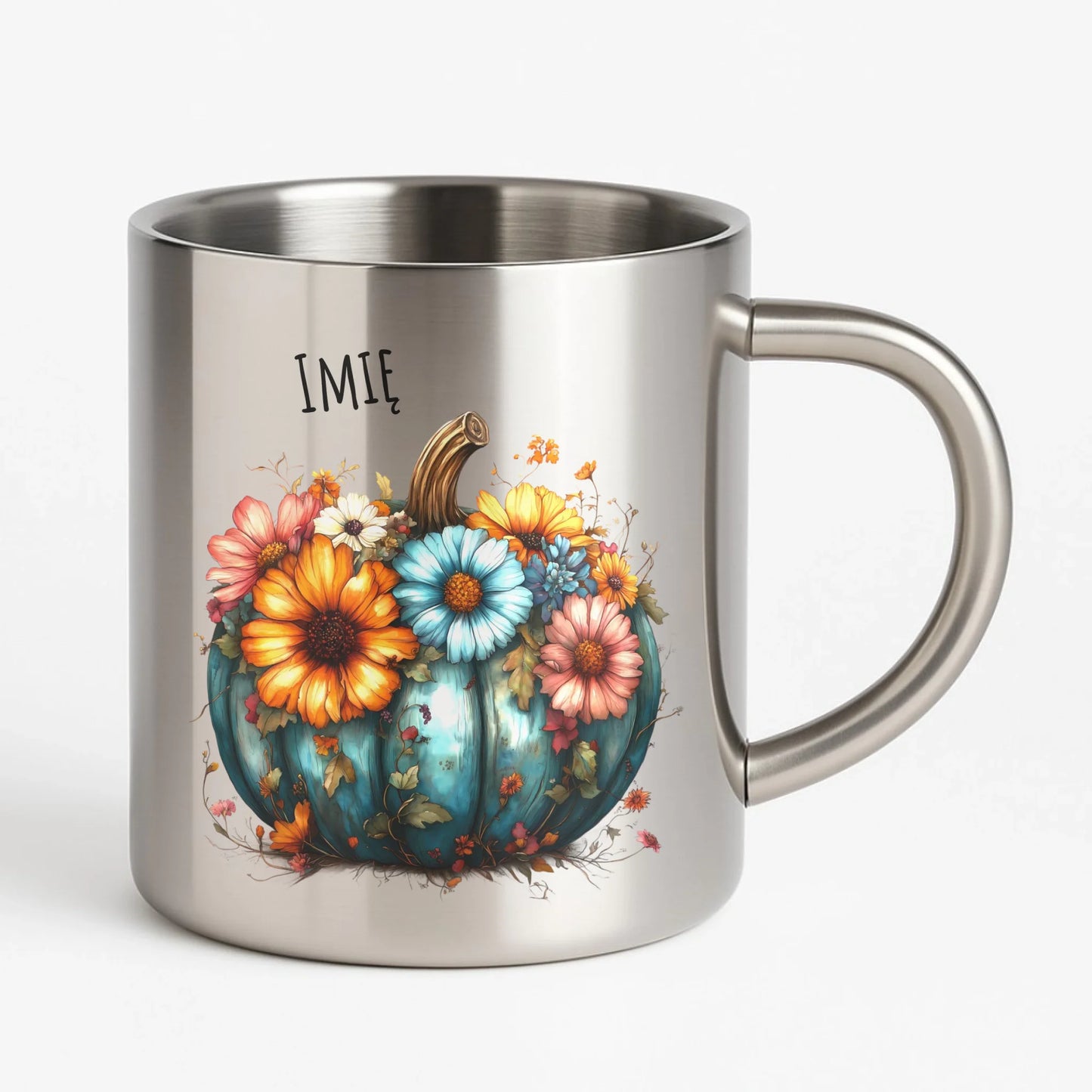 Kubek metalowy jesienny - Kwiatowa dynia - personalizowany JS27 - StoryCups.pl