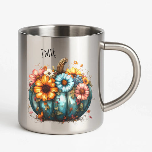 Kubek metalowy jesienny - Kwiatowa dynia - personalizowany JS27 - StoryCups.pl