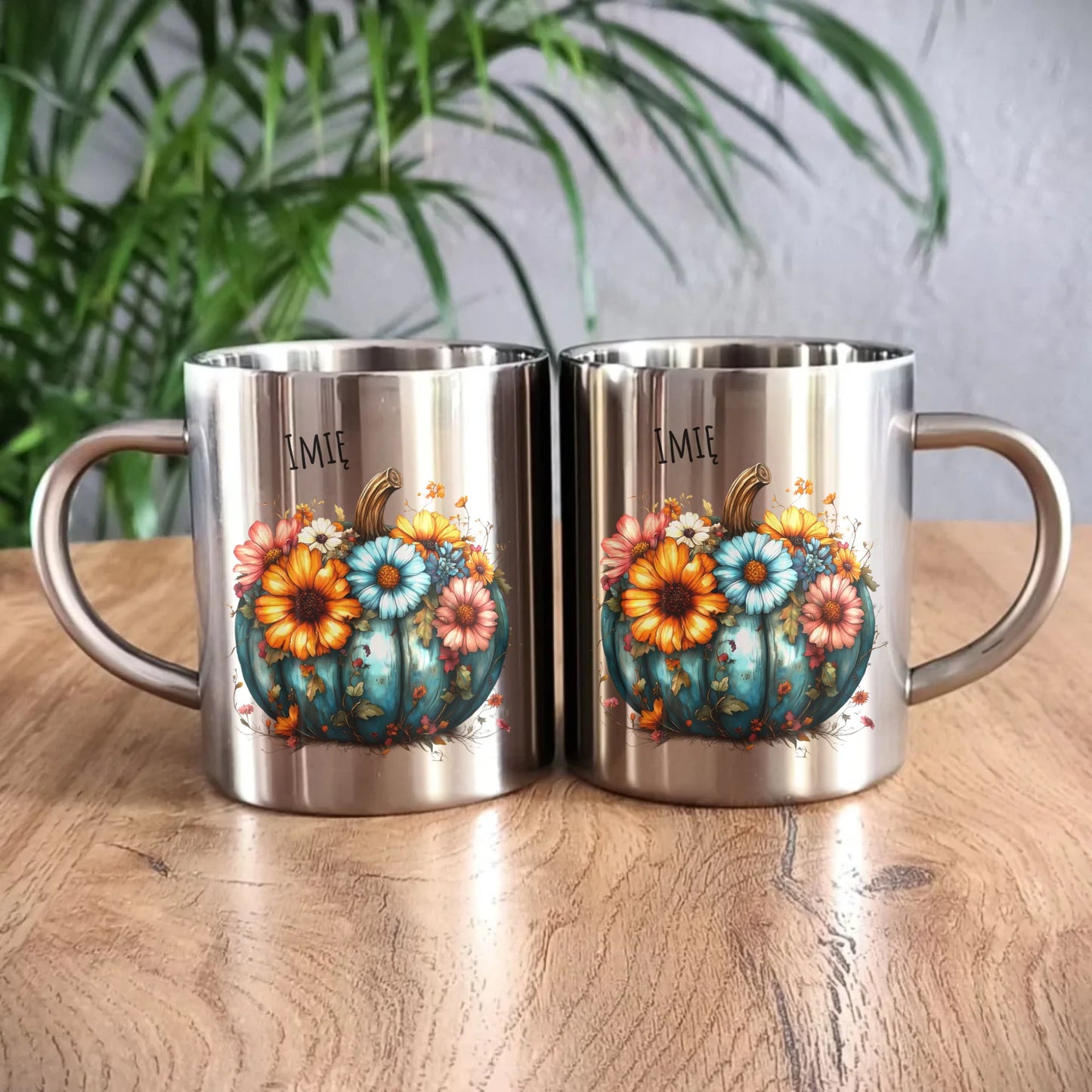 Kubek metalowy jesienny - Kwiatowa dynia - personalizowany JS27 - StoryCups.pl