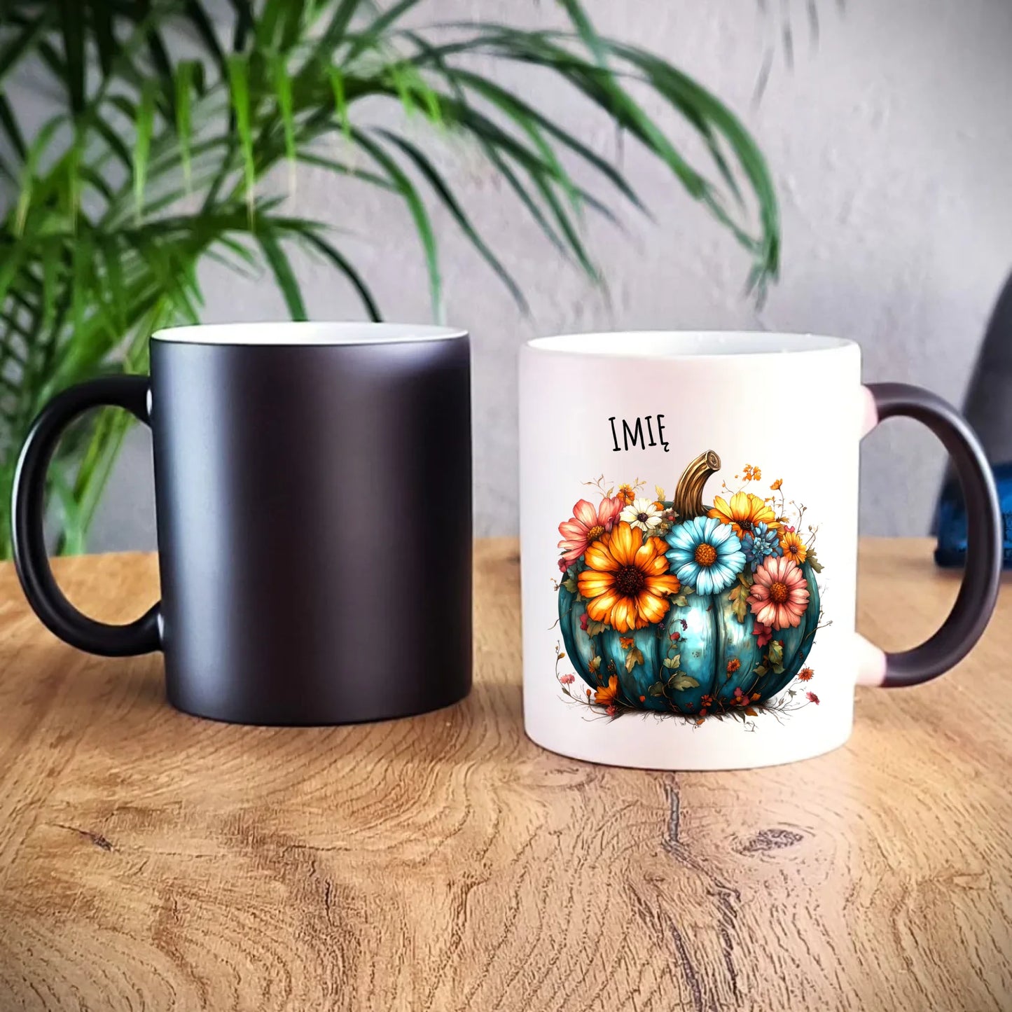 Kubek magiczny jesienny - Kwiatowa dynia - personalizowany JS27 - StoryCups.pl