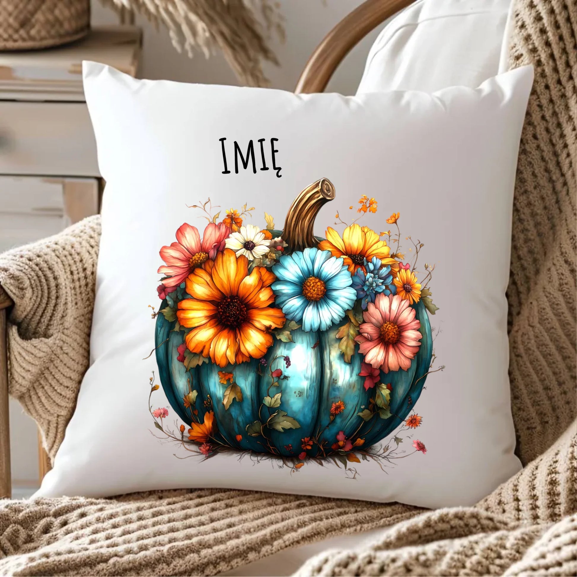 Poduszka jesienna - Kwiatowa dynia - personalizowana JS27 - StoryCups.pl